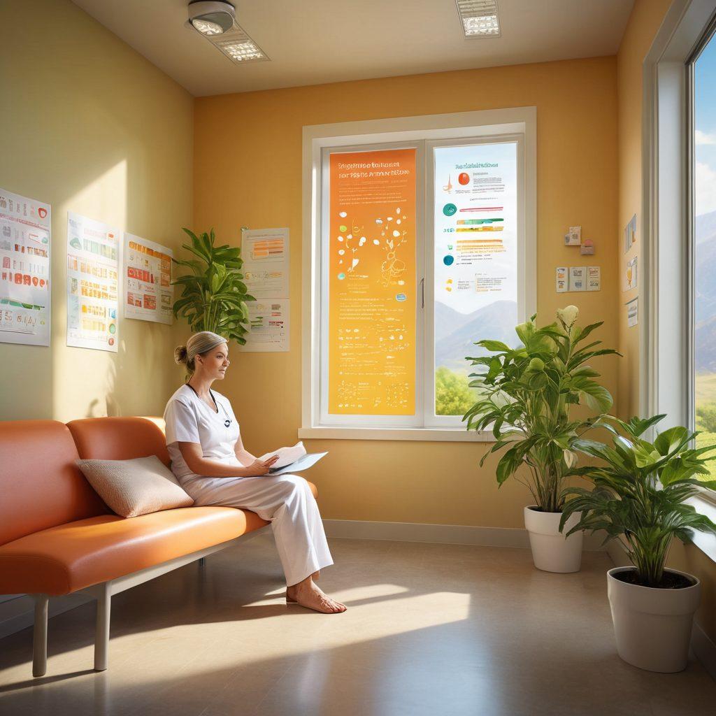 A serene patient sitting comfortably in a bright, modern medical room, surrounded by colorful infographics on chemotherapy, radiation, and immunotherapy. Gentle light filtering through a window, symbolizing hope and empowerment, with hands-on support from a caring nurse. Include soothing elements like plants and art on the walls, conveying a sense of calm and positivity. vibrant colors. super-realistic.