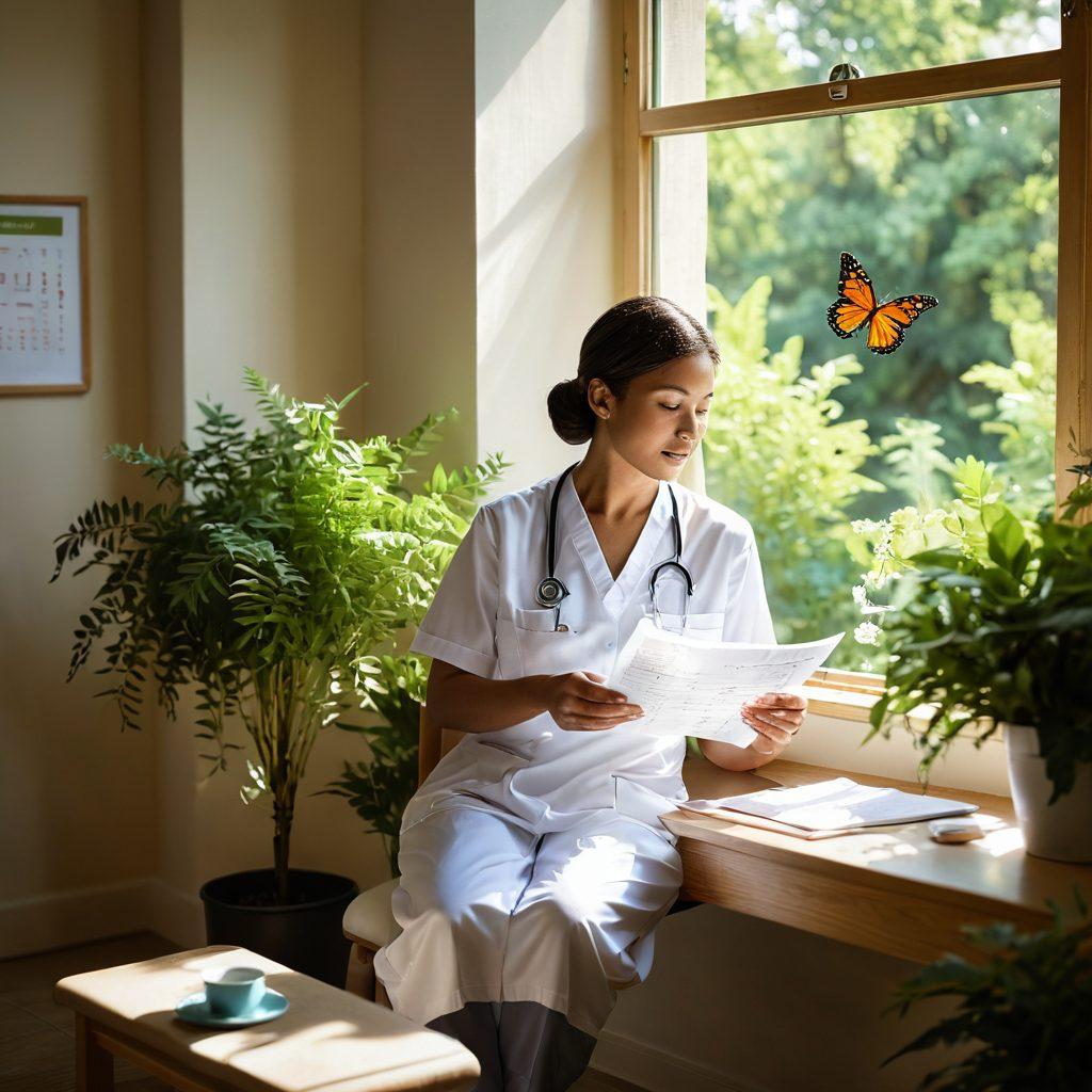 A serene scene of a patient sitting in a sunlit room, surrounded by calming nature elements like plants and light streaming through a window, with a nurse gently holding a treatment chart, showcasing compassion and professionalism. Include symbols of hope such as a butterfly or a blooming flower. The background should reflect a healing atmosphere, emphasizing unity, care, and support. super-realistic. vibrant colors. soft focus.