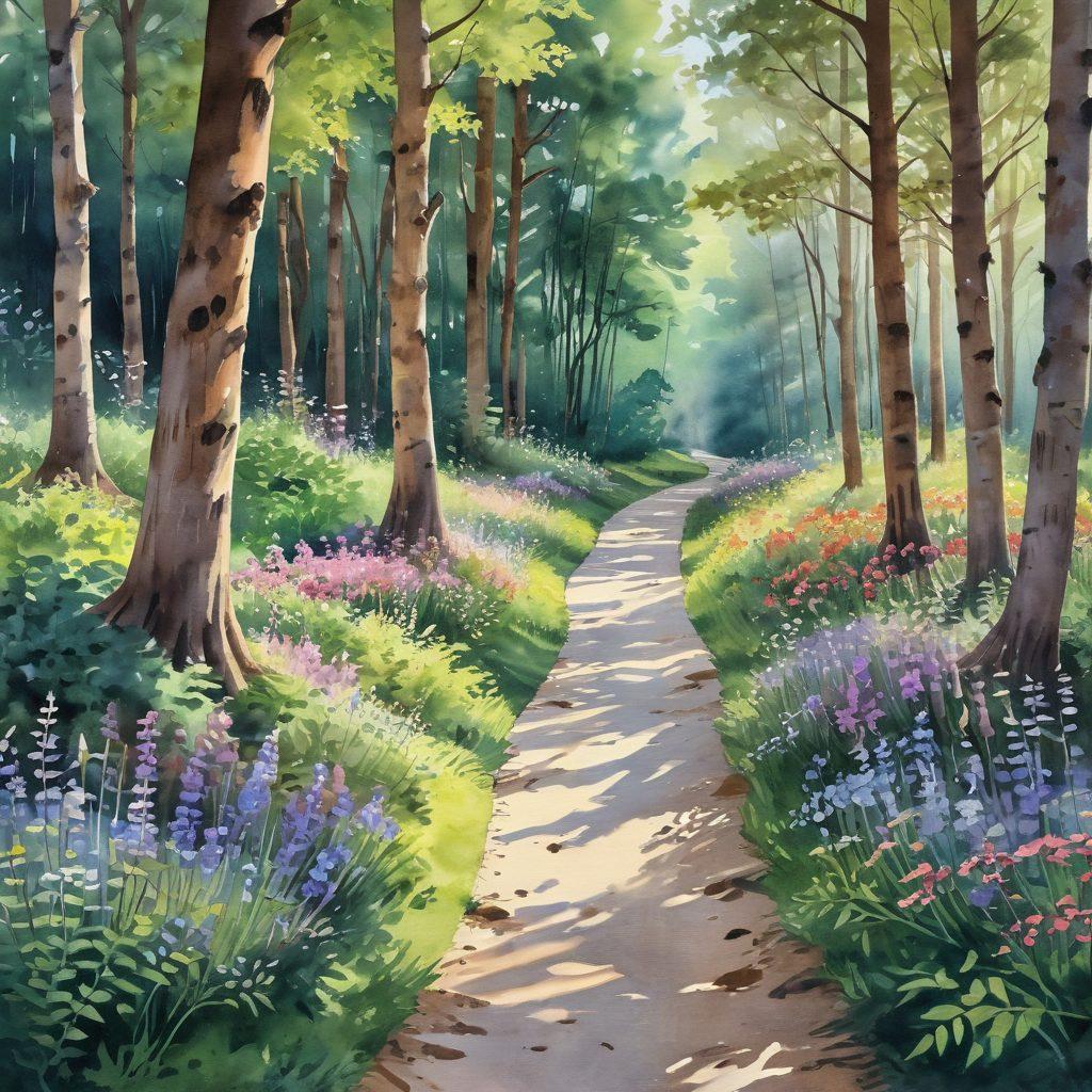 A serene landscape depicting a winding path through a peaceful forest, symbolizing a journey of healing. Along the path, diverse figures representing patients and caregivers are interacting, sharing encouraging gestures and support. Soft sunlight filters through the trees, casting a warm glow on the scene, creating a sense of hope and tranquility. Delicate flowers bloom along the edges, embodying resilience and vitality. watercolor painting, vibrant colors.